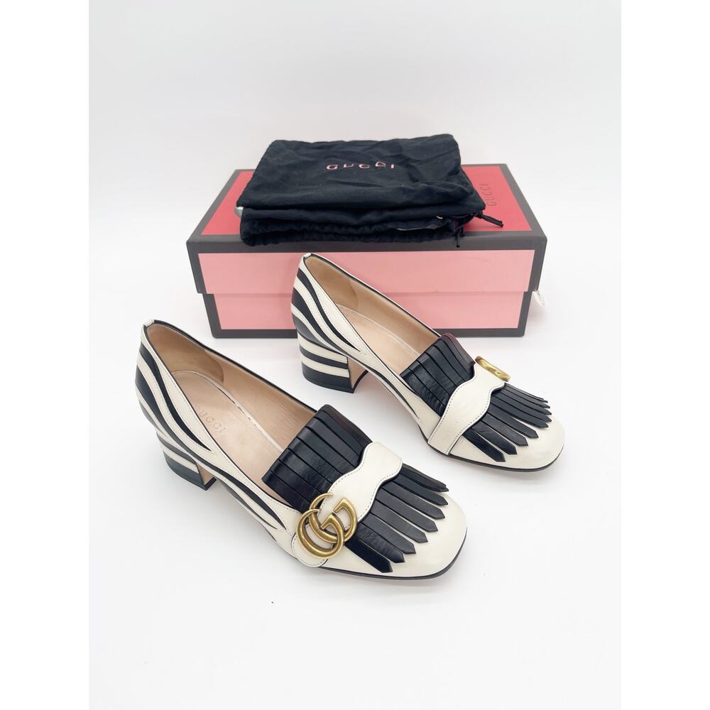 Gucci Marmont Kiltie Zebra Stripe Black White Leather Block Heel Pumps IT 37.5